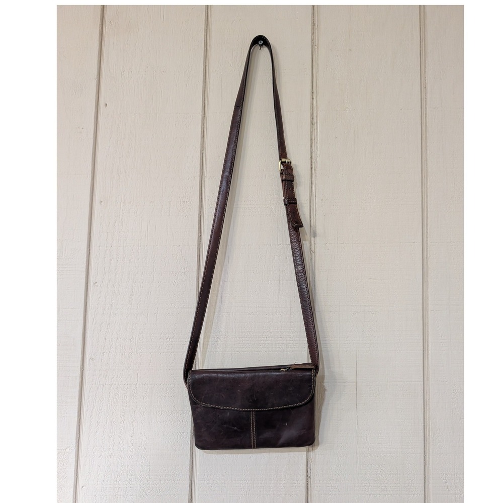 Vintage Brown Leather Crossbody Bag Minimalist 2 flap Pockets